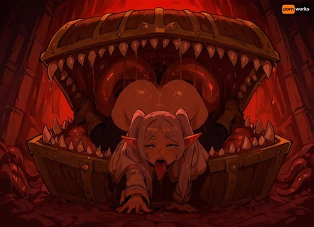 Freiren ahegao, on all fours, ass up, in monster mouth chest, tentacles in asshole, in dark dungeon