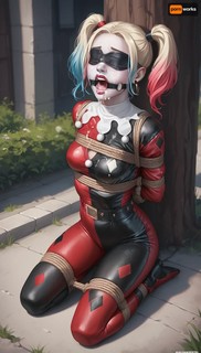 Harley Quinn, blindfolded, tied kneeling, cum on face, ring gag