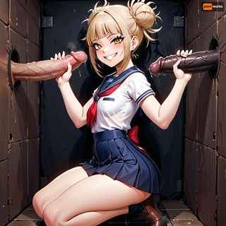 Himiko Toga from My Hero Academia jerks off long veiny cocks inside a gloryhole, school girl uniform, handjob